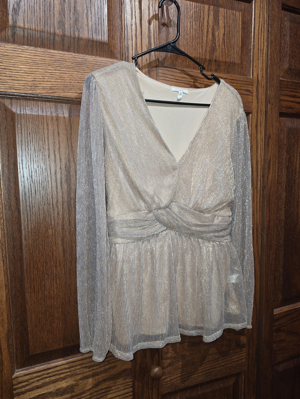Maurices Metallic Shimmer Twist Front Top Women's Large Pink Champagne V Neck
